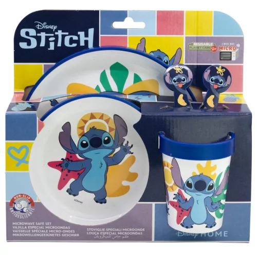 Disney Stitch - Csúszásmentes mikrohullámú sütő edénykészlet 5 db-os (tányér, tál, bögre, villa, teáskanál)