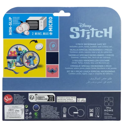 Disney Stitch - Csúszásmentes mikrohullámú sütő edénykészlet 5 db-os (tányér, tál, bögre, villa, teáskanál)