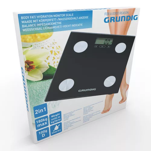 Grundig - elektronikus fürdőszobai mérleg, testtömeg-elemzés, BMI, 180 kg-ig