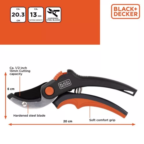 Black&Decker - Kerti olló virágokhoz / sövényekhez edzett acél pengével