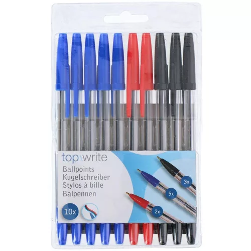 Topwrite - Set pixuri cu bilă 10 buc. (albastru/negru/roșu)