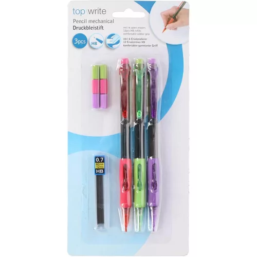 Set 3 creioane mecanice cu mine si radiere, Topwrite, Multicolor