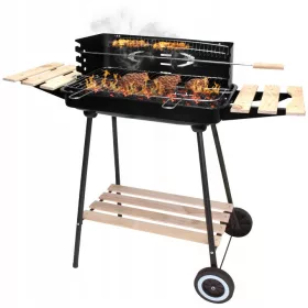   GQ3 Nagy faszén kerti grill kerekeken Rotisserie 3x polcos prémium grillkészlet