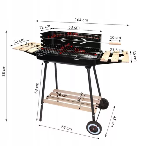 GQ3 Nagy faszén kerti grill kerekeken Rotisserie 3x polcos prémium grillkészlet