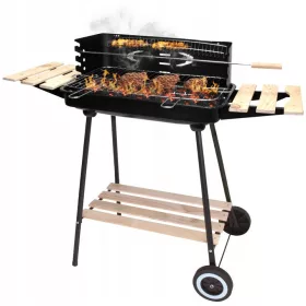   GQ3 Nagy faszén kerti grill kerekeken Rotisserie 3x polcos prémium grillkészlet