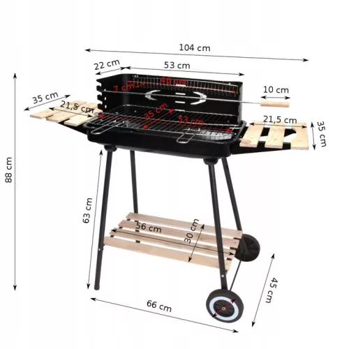 GQ3 Nagy faszén kerti grill kerekeken Rotisserie 3x polcos prémium grillkészlet