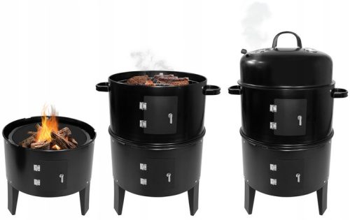 GQ9 Kerti grill, csöves füstölő hőmérővel, hordozható, szénacél, 2 rácsos