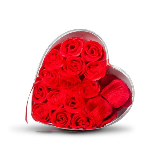 Szív fürdőkonfetti 14 rózsa alakú fürdőszappan és 600 szintetikus rózsaszirom