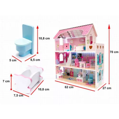 OEM Babaház fából, bútorokkal, Led világítással 62cm x 27cm x 70cm rózsaszín
