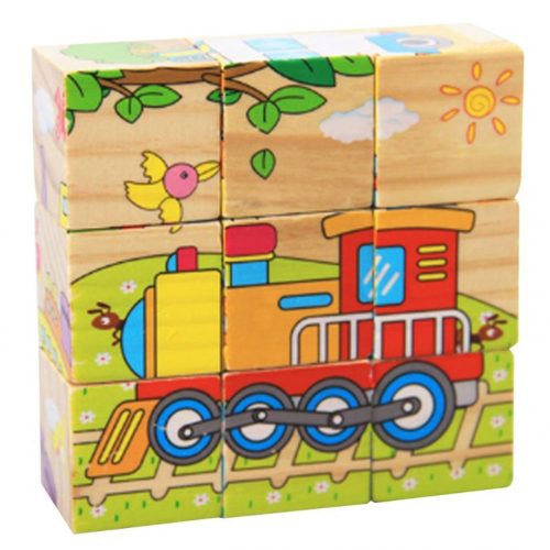 Puzzle educativ blocuri din lemn, 6 fete si imagini cu vehicule, 9 bucati