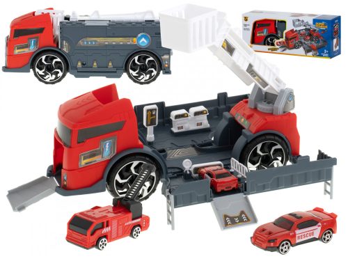 2 az 1-ben szállítókocsi garnitúra, parkolás 3 autóval tűzoltóautóban, piros/szürke