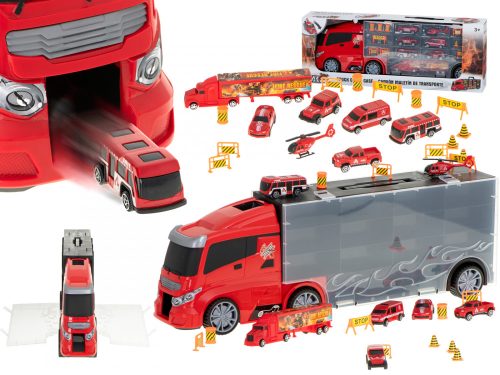 Camion transportator si 7 masini de pompieri, Plastic, Rosu, 3 ani+