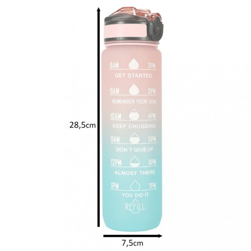 Vizes palack, szívószálas palack, mérőpohár, 1l, rózsaszín, kék