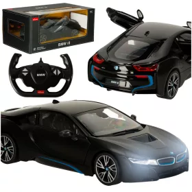   Távirányítós autó Rastar 71010 BMW i8 1:14 méretarányú, nyíló ajtókkal, fekete színben