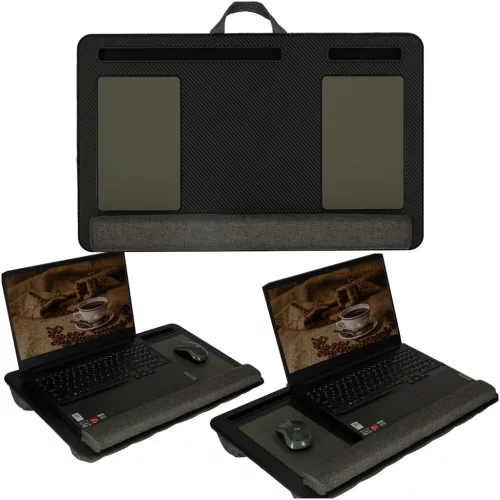 Laptop asztal, hordozható ágytálcás térdtámasz, fekete, párnával