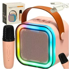   Karaoke szett mikrofonnal + hordozható hangszóró BLUETOOTH USB LED rózsaszín