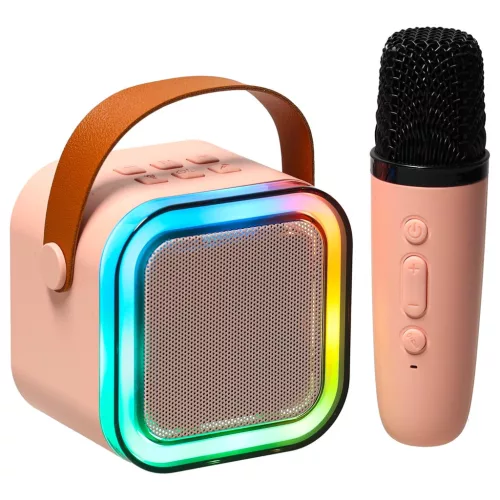 Karaoke szett mikrofonnal + hordozható hangszóró BLUETOOTH USB LED rózsaszín