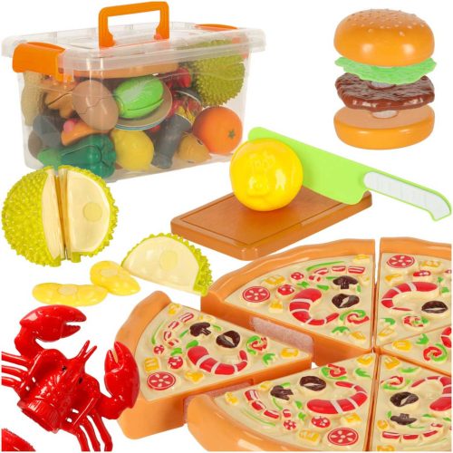 Zöldségek, gyümölcsök, ételek a pizza, hamburger, tépőzáras fehérrépa szeletelésének megtanulásához 36 db.