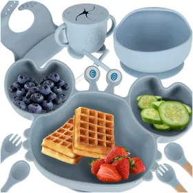   Set de farfurii din silicon pentru bebeluși Crab pentru bebeluși 9 bucăți albastru