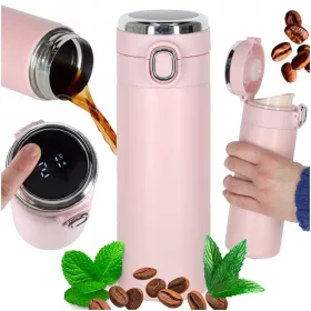   Termikus bögre szájkosárral LED termosz 420ml rózsaszínű