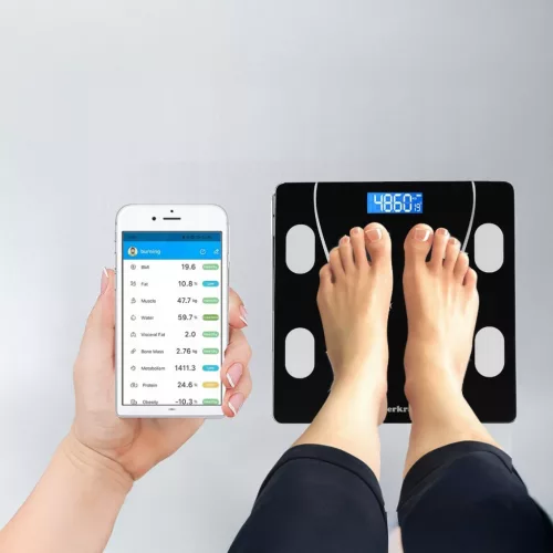 Analitikus fürdőszobamérleg okosalkalmazással, akár 180 kg-ig