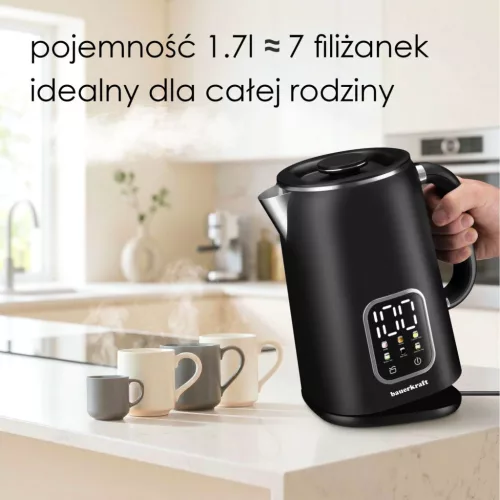 Bauerkraft 1,7 literes vezeték nélküli elektromos vízforraló, fekete, okos, hőmérséklet-szabályozással