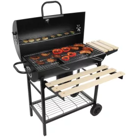  Nagy, zárható, kerekeken guruló faszenes kerti grill polcokkal és tűzrakóhellyel