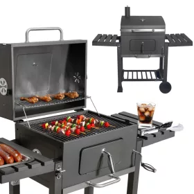   Nagy faszenes kerti grill ráccsal és fedővel, hamutartóval, hőmérővel és nyitóval
