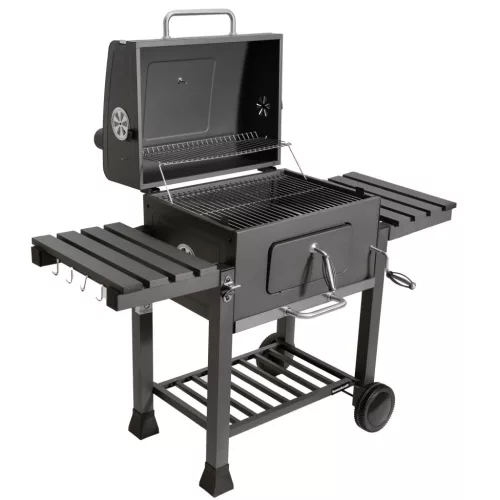 Nagy faszenes kerti grill ráccsal és fedővel, hamutartóval, hőmérővel és nyitóval