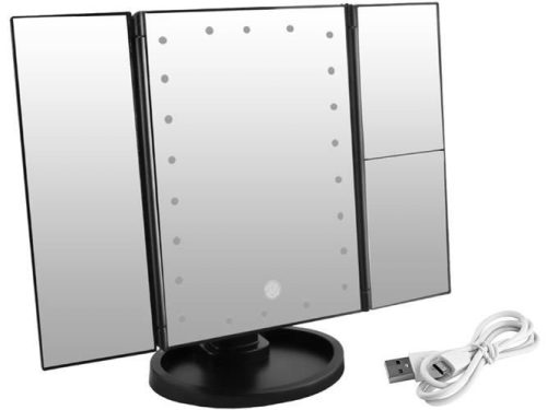 IsoTrade professzionális smink tükör, állítható, összecsukható, 3 oldalsó tükörrel, LED vilagítással, fekete szín