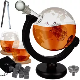   Whisky-s készlet, földgömb dekanter, 2 pohár, jégkockák, csipesz