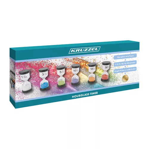 6 darabos színes homokóra készlet, 1, 3, 5, 10, 15 és 30 perces, 3 éves kortól, 9, 8x4, 3 cm