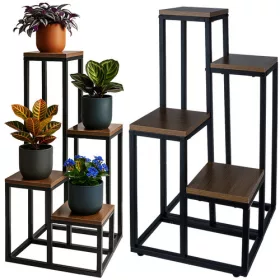   Ruhhy Loft Stílusú 4-Szintes Fémvirágtartó, Fekete és Fa Színű