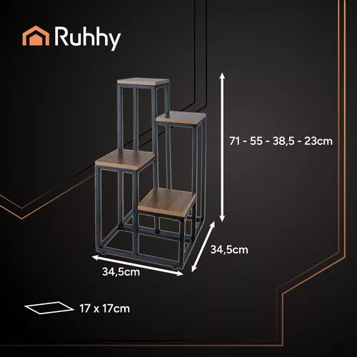 Ruhhy Loft Stílusú 4-Szintes Fémvirágtartó, Fekete és Fa Színű