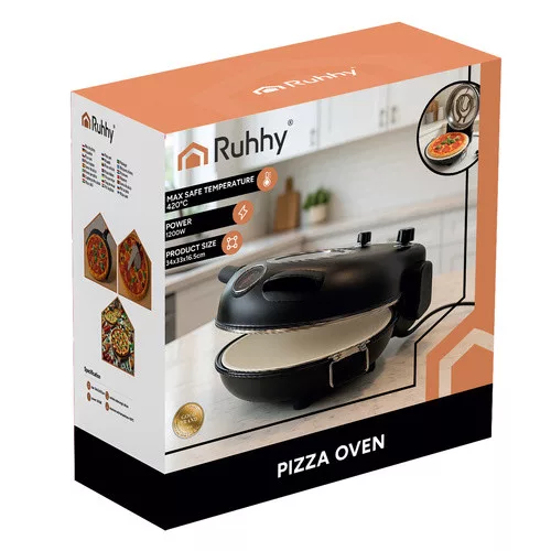 Elektromos pizzasütő, Állítható, 1200W, Max. 450 Celsius fok, 15 perces időzítő, Kerámia kő fogantyúkkal, 2 spatula, Kés