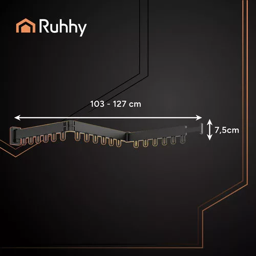 Ruhhy behúzható ruhatartó, 127 cm, alumínium, falra szerelhető, ruhatartó állvány vállfatartóval, erkélyre, fürdőszobába, hálószobába, fekete