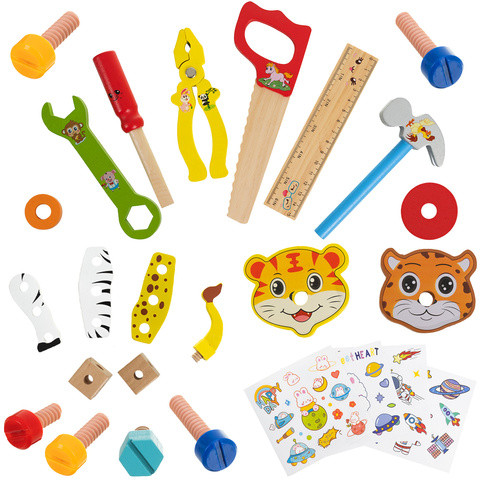 Fából készült szerszámosláda gyerekeknek, barkácskészlet + szerszámok, építőállatok, robotjárművek