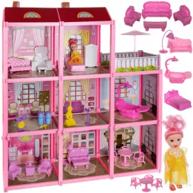   Babaház, 3 szint és erkély, babával, 22 bútordarab, 17x60x65 cm