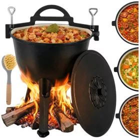   Öntöttvas bogrács, zománcozott, vadász, 10 literes, lábakkal, tisztítókefével