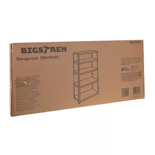 Bigstren fém tárolópolc, 5 polc, 180x90x40 cm, 1000 kg teherbírás, fekete