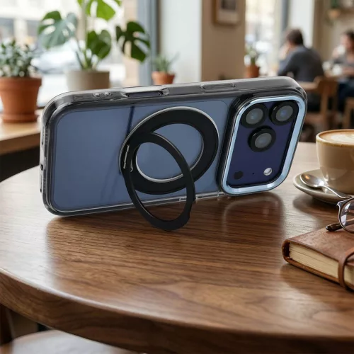iPhone 13 PRO tok, kerettel, kör alakú állvánnyal, MagSafe-fel kompatibilis, fekete