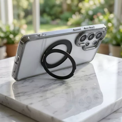 Samsung S26 ULTRA tok, kerettel és kör alakú állvánnyal, MagSafe-fel kompatibilis, átlátszó