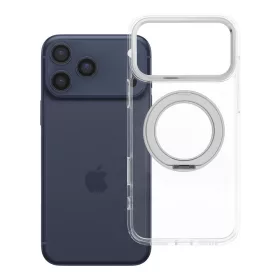   iPhone 17 Pro Max / 18 Pro Max tok (alacsony kameraszél), keretes, kör alakú állvánnyal, MagSafe-kompatibilis, átlátszó
