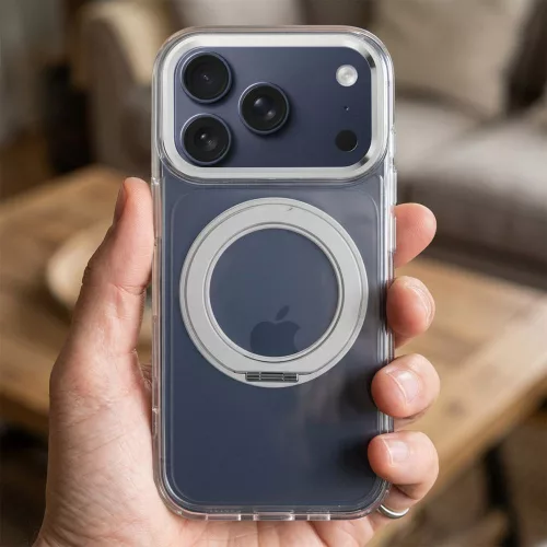 iPhone 16 PRO tok, kerettel, kör alakú állvánnyal, MagSafe-fel kompatibilis, átlátszó