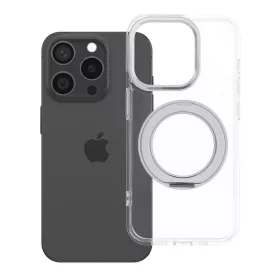  iPhone 15 PRO tok, kerettel, kör alakú állvánnyal, MagSafe-fel kompatibilis, átlátszó