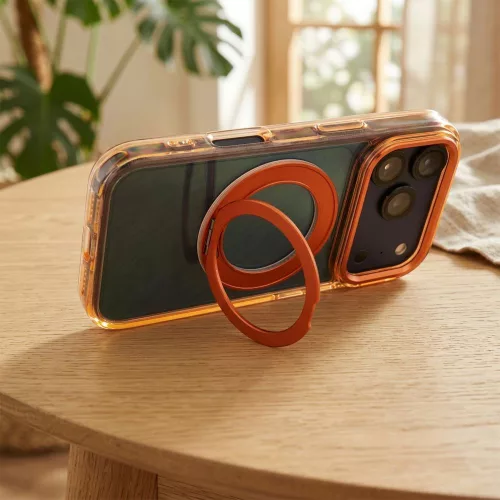iPhone 17 Pro / 18 Pro tok, keretes, kör alakú állvánnyal, MagSafe-kompatibilis, narancssárga