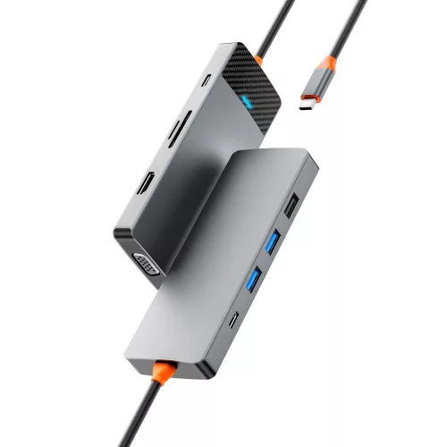 WiWU - A921HV 9 az 1-ben HUB USB3.0x2+USB2.0x1+SD/TF(3.0)+PD (100W)+USB-C(3.0)+HDMI(4K30HZ)+VGA 1080P)