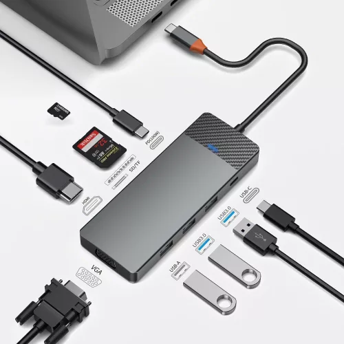 WiWU - A921HV 9 az 1-ben HUB USB3.0x2+USB2.0x1+SD/TF(3.0)+PD (100W)+USB-C(3.0)+HDMI(4K30HZ)+VGA 1080P)