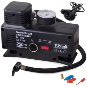   Verk 230V / 12V hordozható autós kompresszor, manométerrel és adapterekkel, 250psi