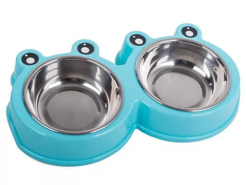 Bol dublu din inox pentru hrana sau apa animale, capacitate 2x0.3L, albastru